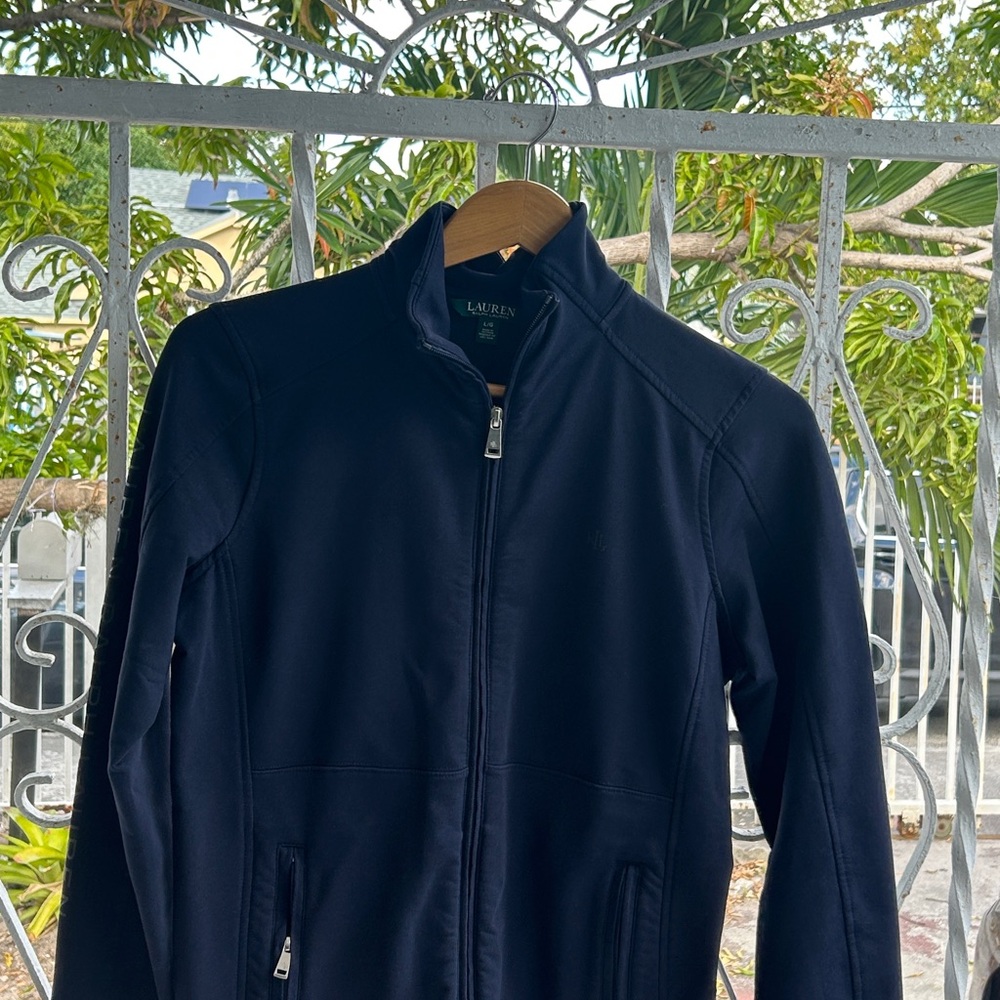 Ralph Lauren mock neck jacket in navy blue full zip pocket monogram sz large - Picture 3 of 11